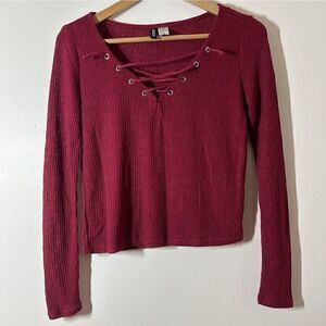 Divided H&M Brick Red Ribbed Long Sleeve Knit Lace Up Top Size XS X-Small